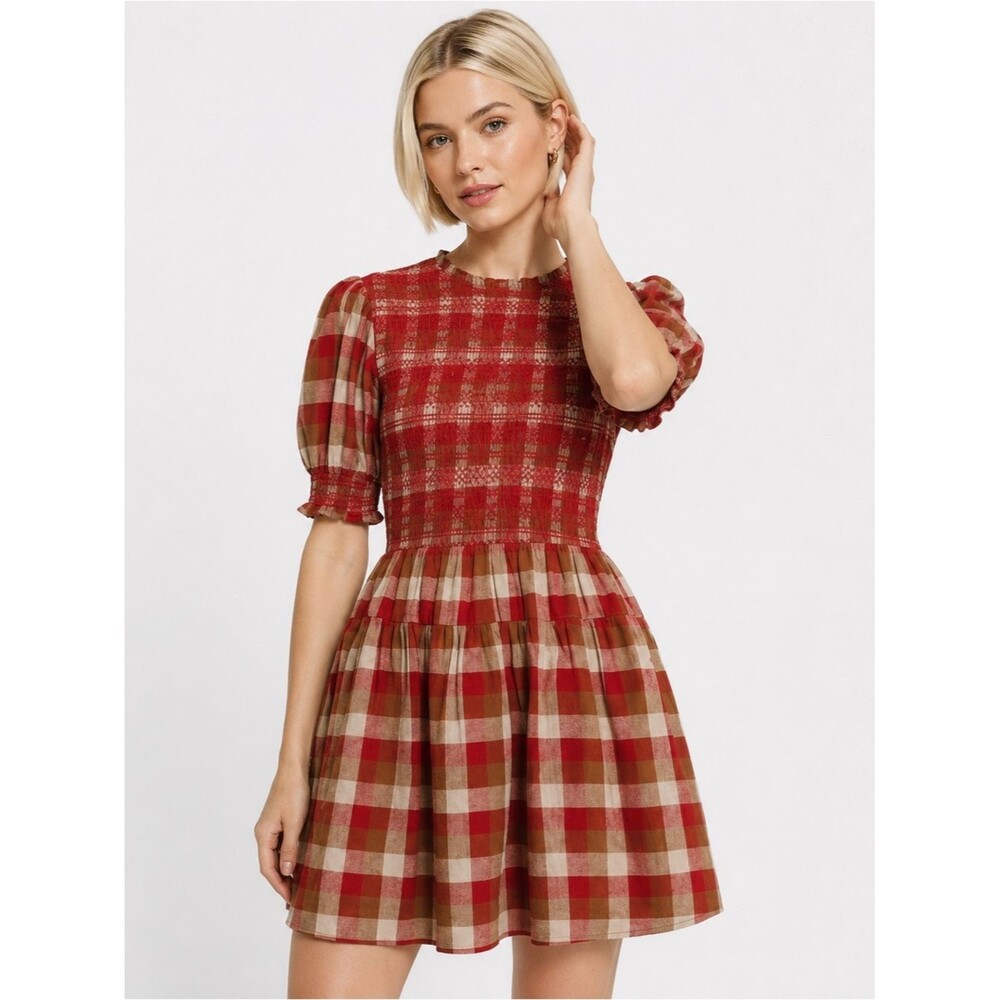 AUREUM Smocked Checkered Mini Dress Red Brown Plaid Cottagecore Prairie Size S